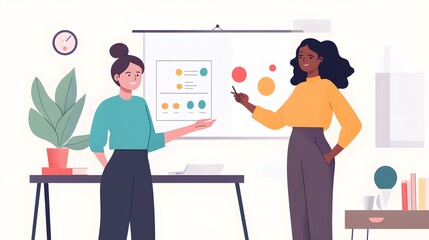 An employee sharing wellness tips with a colleague while pointing to a motivational chart