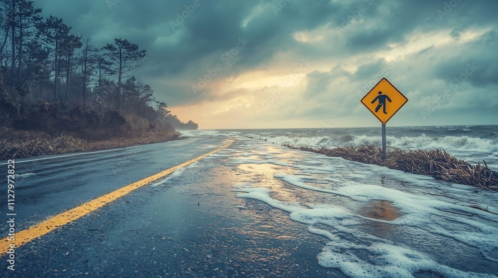 Aufkleber photograph of a tsunami evacuation route sign on a coastal road linked to a real time alert network 