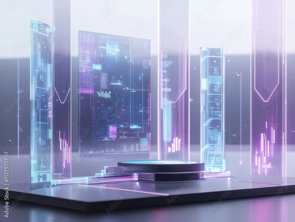 Poster futuristic digital interface with neon lights and graphical elements