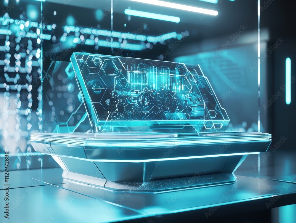 Aufkleber futuristic transparent display with neon lights and digital patterns