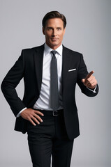 Fototapeta premium Adult fun successful employee business man corporate lawyer wear classic formal black suit shirt tie work in office point index finger aside on area isolated on plain grey background