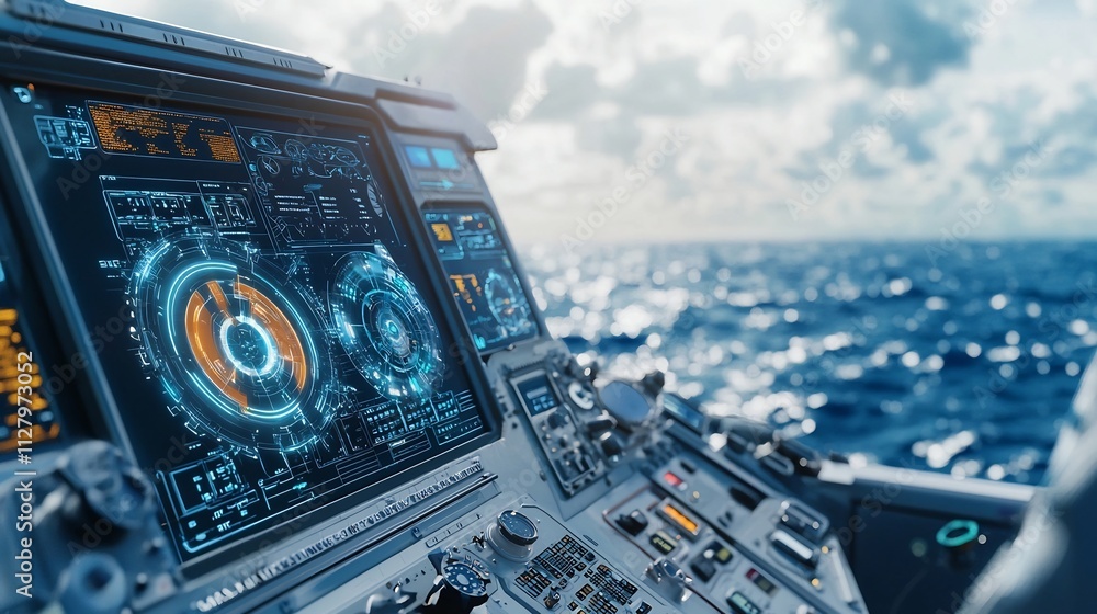 Poster futuristic command center overlooking the ocean with holographic interfaces for monitoring a tsunami