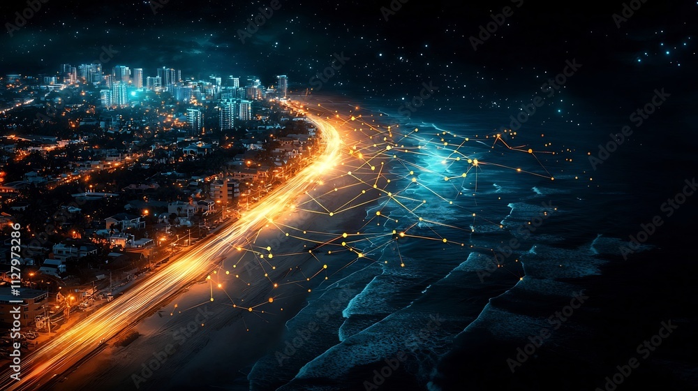 Poster visualizing a coastal community s interconnected tsunami alarm system with glowing network lines lin