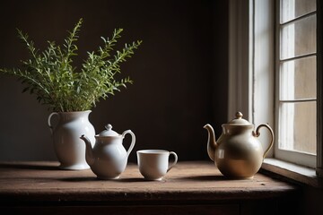 there are three cups and a vase on a table near a window