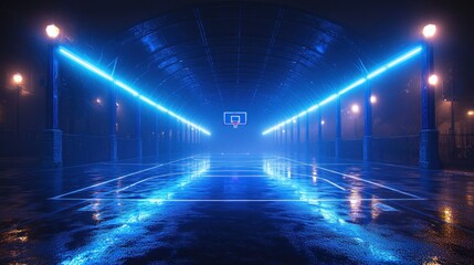 Moody Basketball Court with Neon Lights Under Foggy Atmosphere at Night