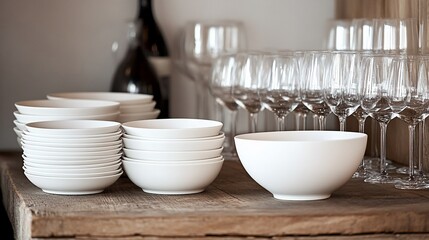 Stacked white bowls and wine glasses on wooden table.