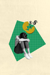 Vertical poster collage young depressed woman crying anxiety upset apathy cracked golden coin...