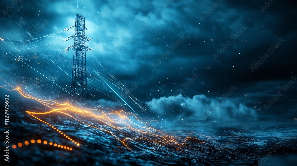 Poster photograph of a coastal warning siren pole connected to a tsunami detection network with glowing lin