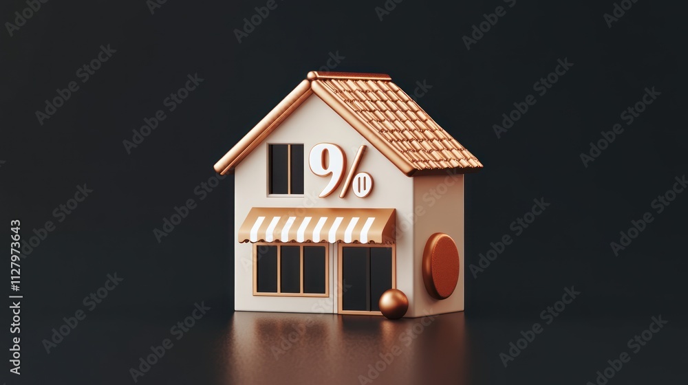 Poster 3d render of a small house with 9% sign, representing interest rates or property value.