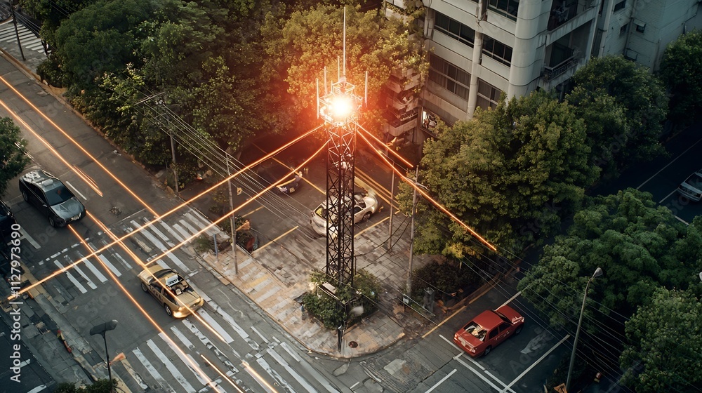Poster futuristic earthquake warning tower standing tall in an urban landscape connected to a complex under
