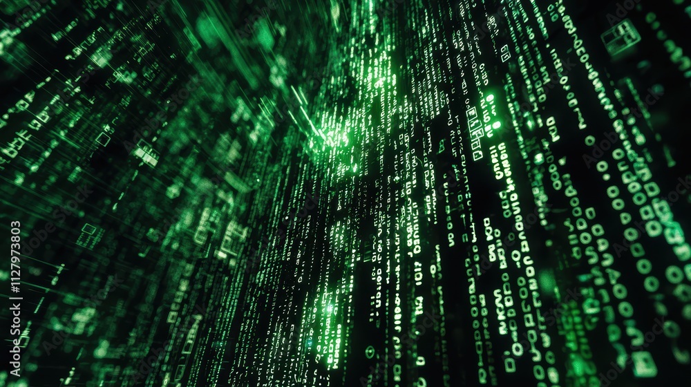 Poster digital rain effect with green binary code flowing downward