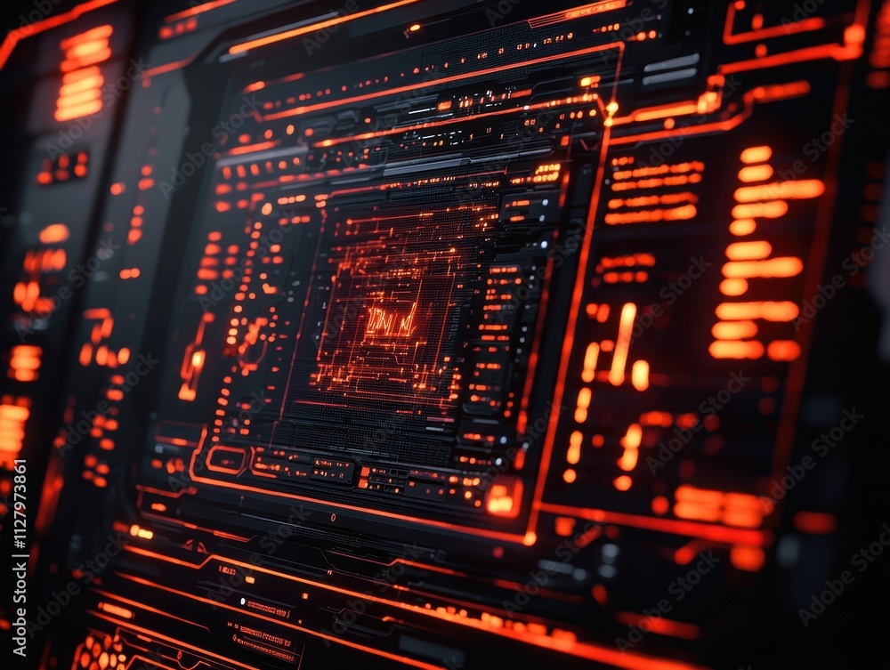 Poster abstract digital interface with glowing red lines and geometric shapes