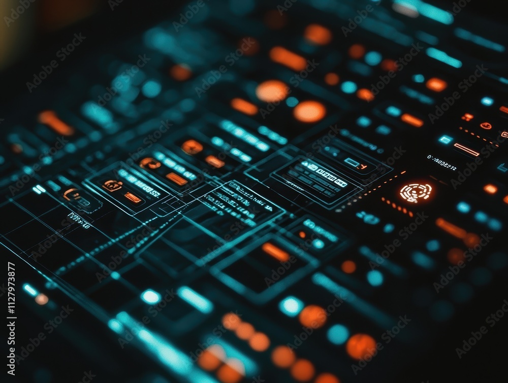 Poster futuristic user interface design with neon elements and patterns