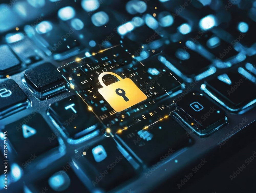 Poster cybersecurity concept with lock icon and keyboard background visual