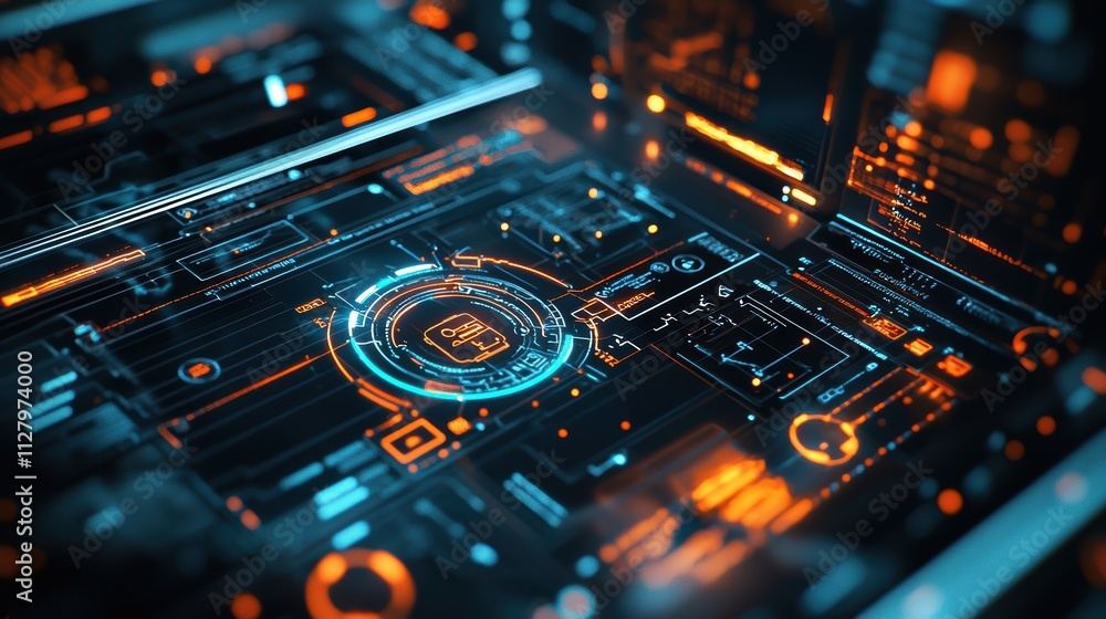 Poster futuristic digital interface with glowing elements and data display