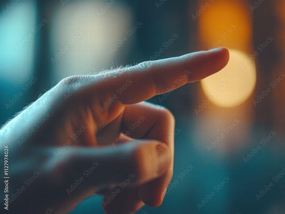 Poster close-up of a finger touching a soft background with blurred lights