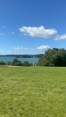 Nicely grazed field with blue ocean in the view during on a sunny day.