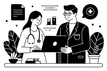 Flat line art depiction of a doctor consulting a patient in a modern clinic