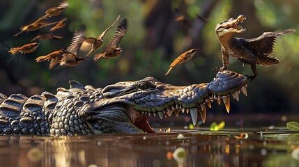 A symbiotic relationship between a crocodile and a group of birds, with the birds picking food scraps from the crocodile's teeth