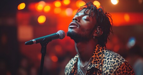 Dynamic Concert Scene with Passionate Singer in Leopard Print Shirt and Vibrant Lighting Surrounded by Cheering Crowd