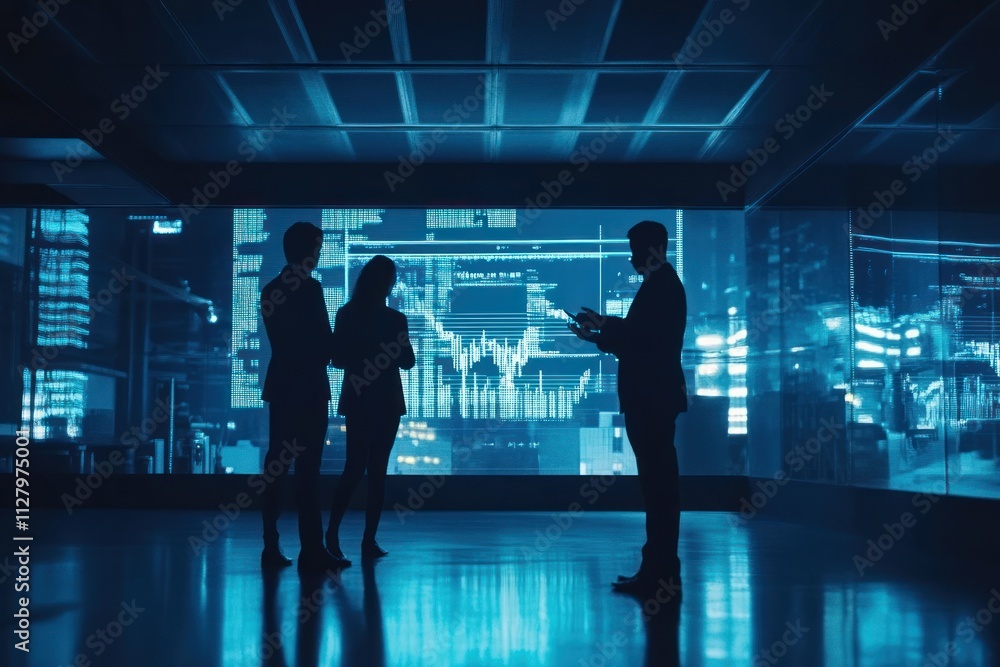 Poster silhouetted business team analyzing data on a large screen.