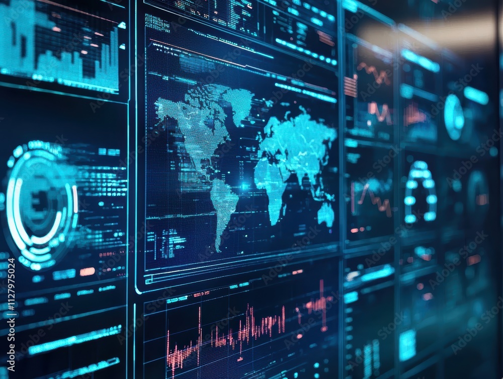 Poster futuristic data visualization screen with global map and graphs