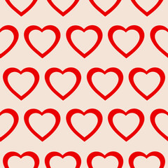 Minimalistic romantic seamless pattern of red hearts on a beige background. Trendy vector illustration in style retro 60s, 70s