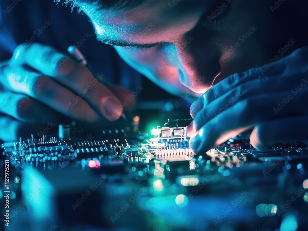 Poster close-up of engineer working on circuit board with blue lighting
