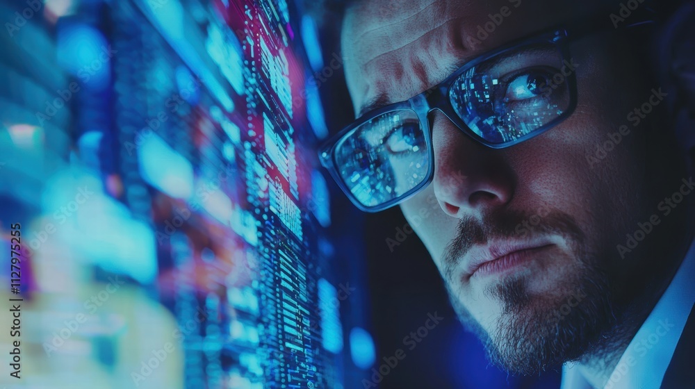 Poster man in glasses analyzing data on a futuristic digital screen