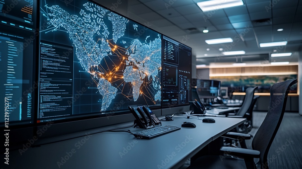 Poster earthquake monitoring dashboard displaying regional sensor network data on large screen with glowing
