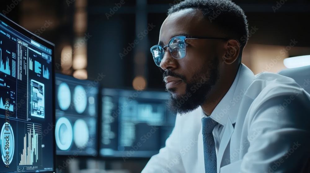Poster professional data analyst working late with multiple computer screens