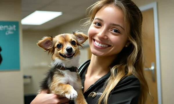 Happy Female Veterinarian Holding a Cute Small Dog in a Clinic, Perfect for Animal Care, Pet Health, and Veterinary Services Themes.