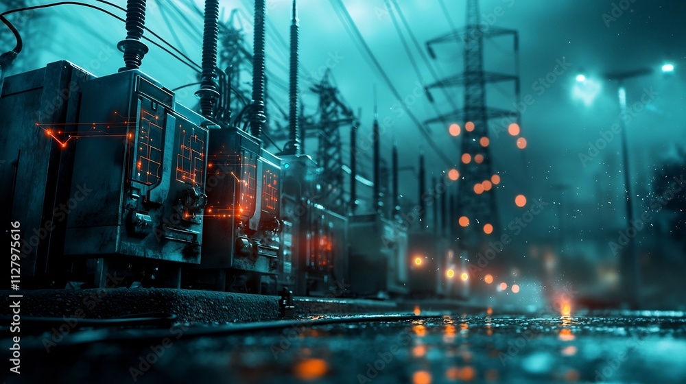 Poster futuristic power substation with high voltage transmission towers connected to a glowing digital net