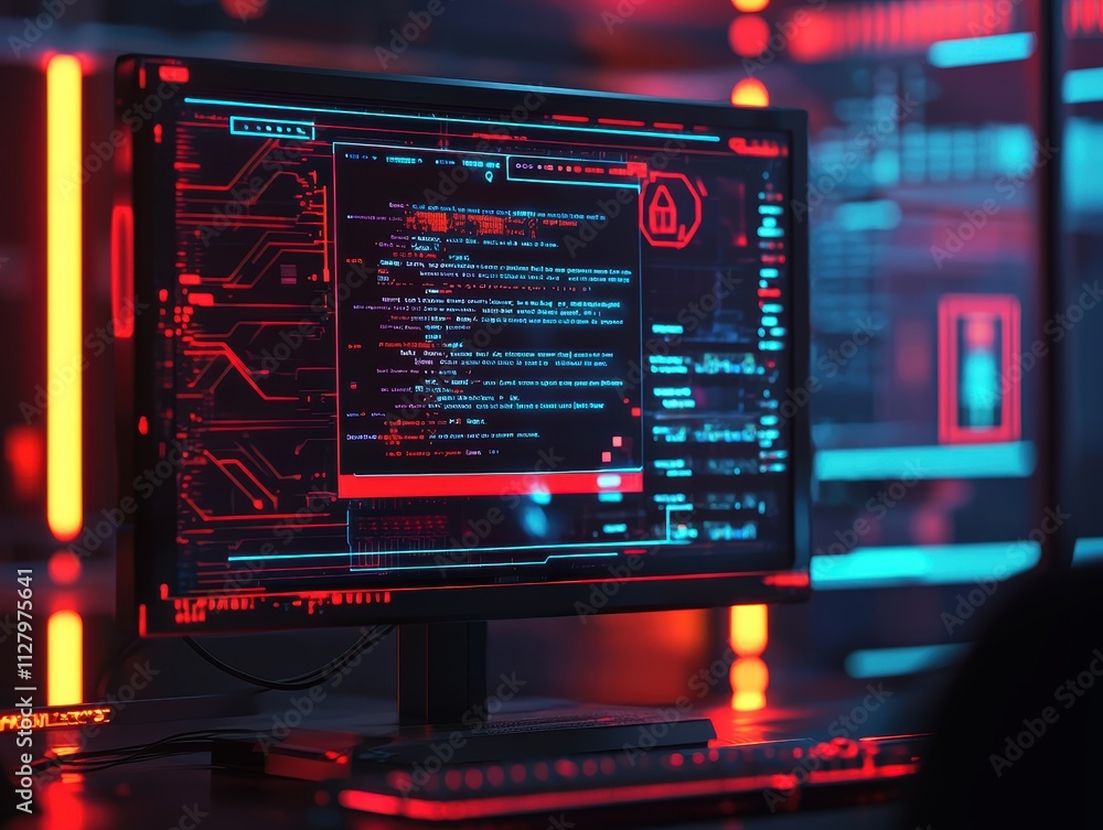 Poster futuristic computer screen displaying code and data in dark room
