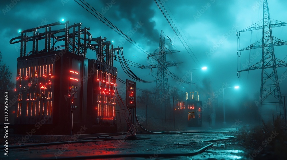 Poster futuristic power substation connected to high voltage transmission towers with glowing digital netwo