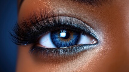 Obraz premium Close-up of a woman's beautiful blue eye with makeup.