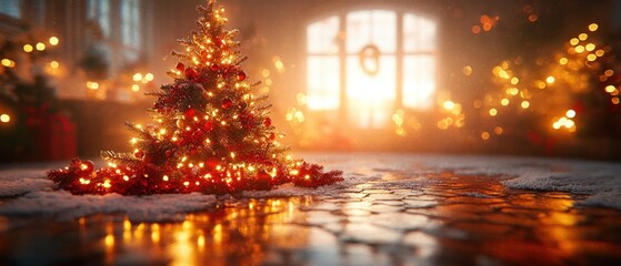 Fototapeta premium Festive Christmas tree lights create a cozy tropical beach atmosphere at night celebrating the joy of the holiday season