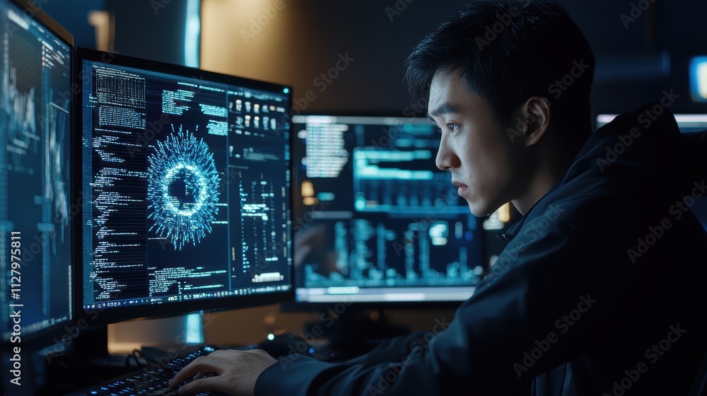 Poster young man analyzing data on multiple computer screens in dark room