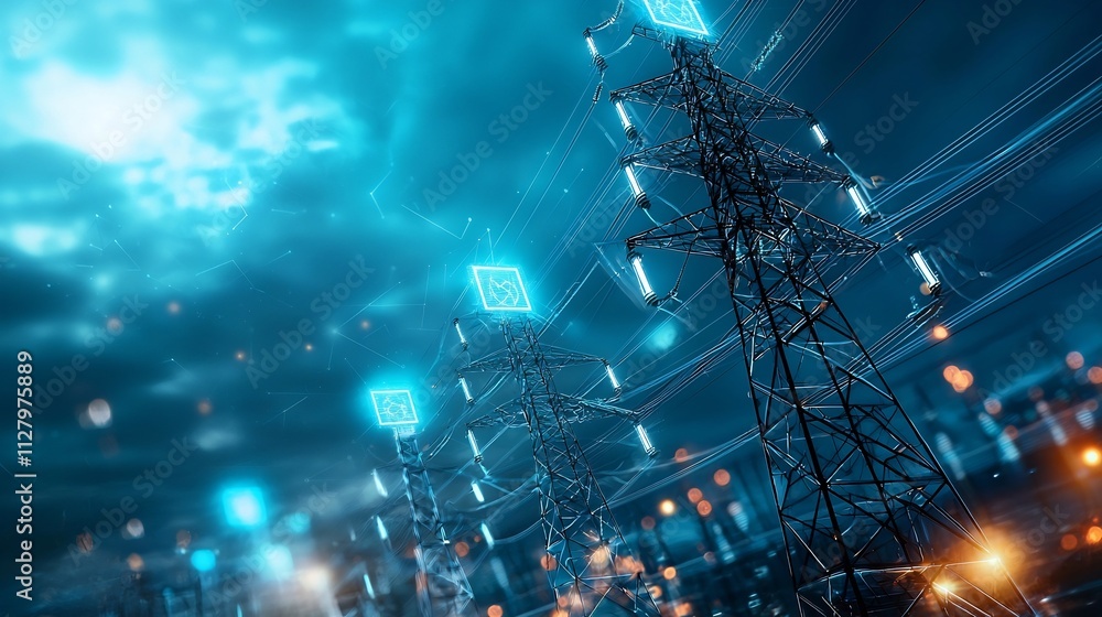Poster futuristic control center with holographic displays monitoring high voltage power grid networks show