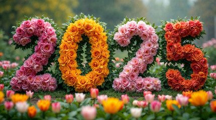 number 2025 made from different  flowers at beautiful garden