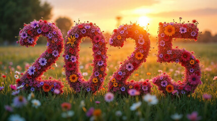 number 2025 made from different  flowers at beautiful garden at sunset
