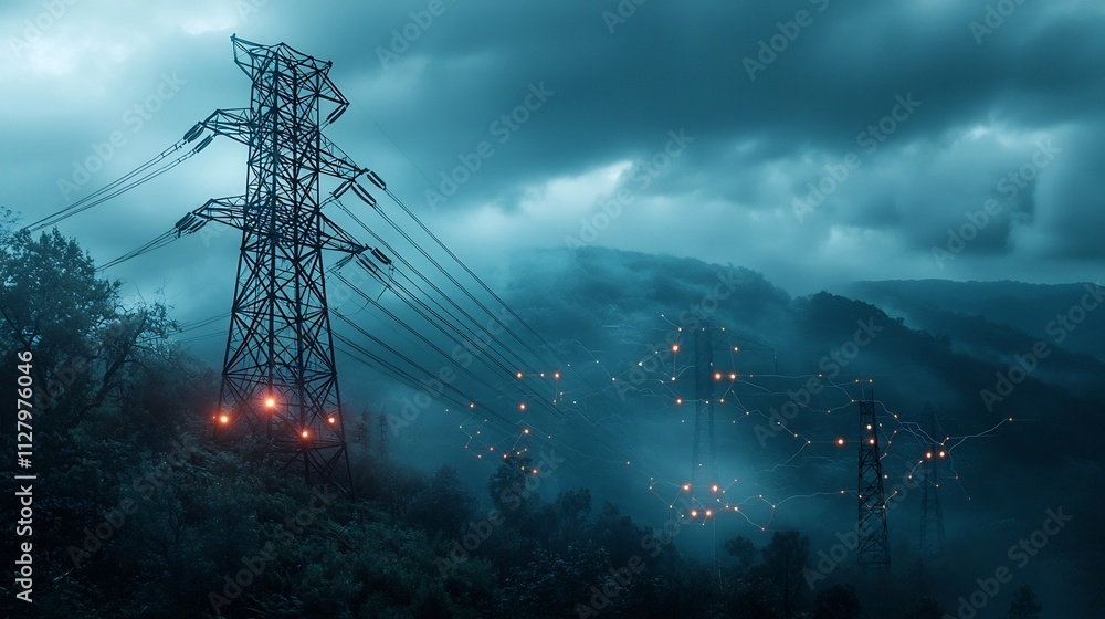 Poster futuristic high voltage power tower standing tall in a rugged mountainous landscape its structure in