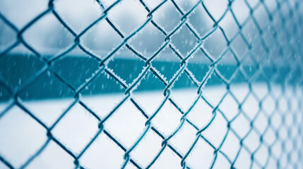 Fototapeta premium Frosted chain link fence with icy rain creating sparkling effect