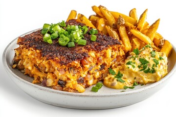 Fototapeta premium A plate of baked casserole with green onions, served with fries and a creamy dip.