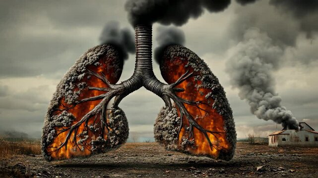 Lungs of the Earth on fire amidst a desolate landscape with smoke and dark clouds