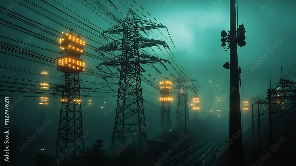 Aufkleber futuristic image of a large high voltage power transmission hub with glowing digital lines represent