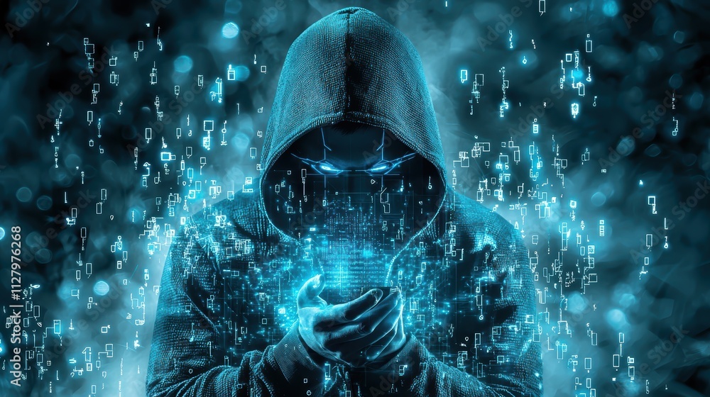 Poster mysterious hacker in dark hoodie with glowing digital code effects