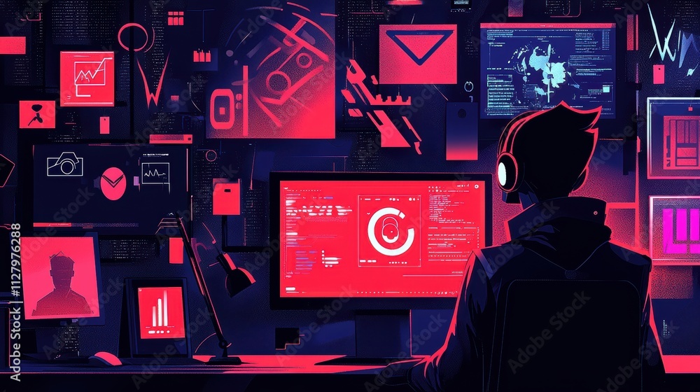 Poster futuristic cybersecurity scene with computer and digital interfaces