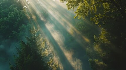 Obraz premium Beautiful Rays of Sunlight in a Green Forest, Shining Through the Trees, Creating a Serene and Picturesque Natural Scene.