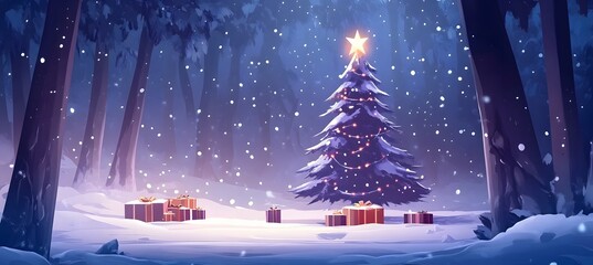 Christmas Tree On Snow At Night With Shiny Star And Gift Boxes In Winter Forest - Winter Abstract Landscape,


